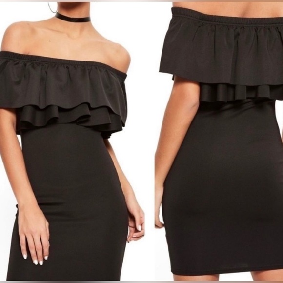 Missguided Black Bardot Scuba Ruffle Mini Dress Nwt (Nordstrom) Us Size 10 - Picture 1 of 10